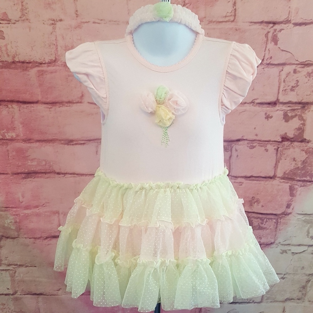 Baby Girl Popover Tutu Dress Flowers w/Headband